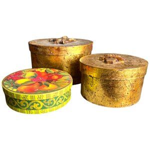 3 Vtg Stunning Nesting HOLIDAY BOXES Gilded w/ Embossed Paper Mache Angel & Tree
